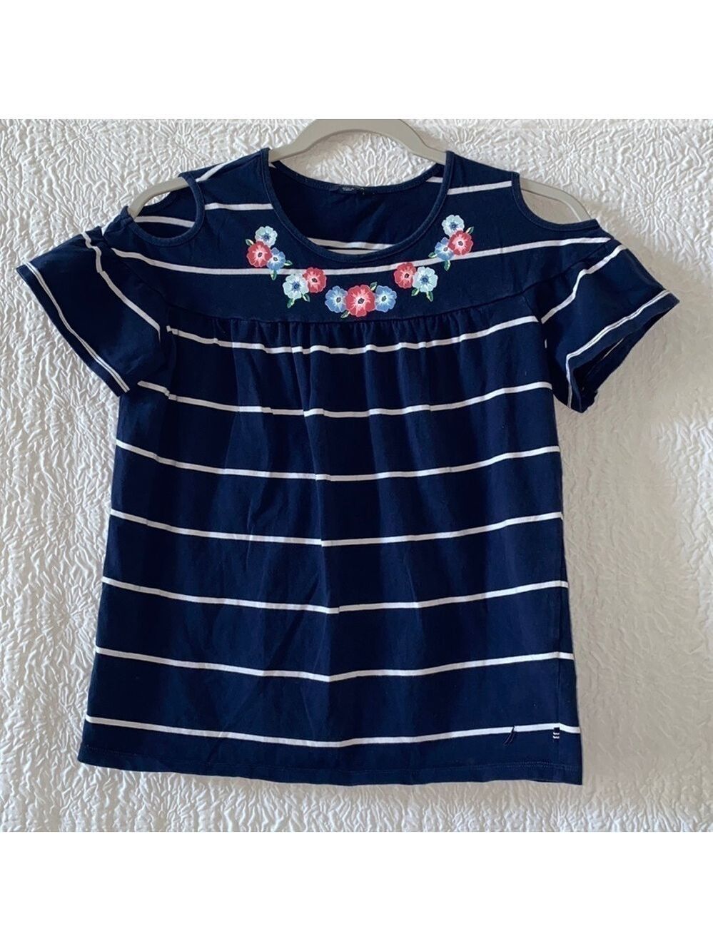 Nautica Striped Short Sleeve Floral Print Blouse